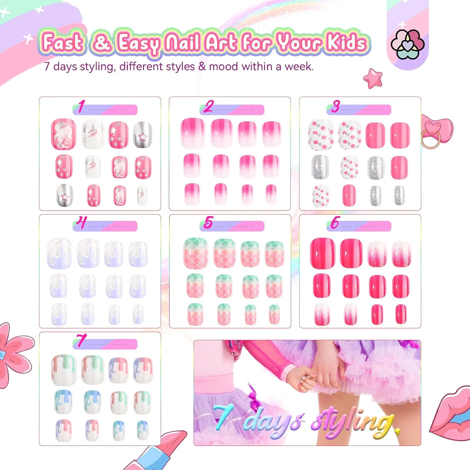 168Pcs 7 Pack Press on Nails for Kids