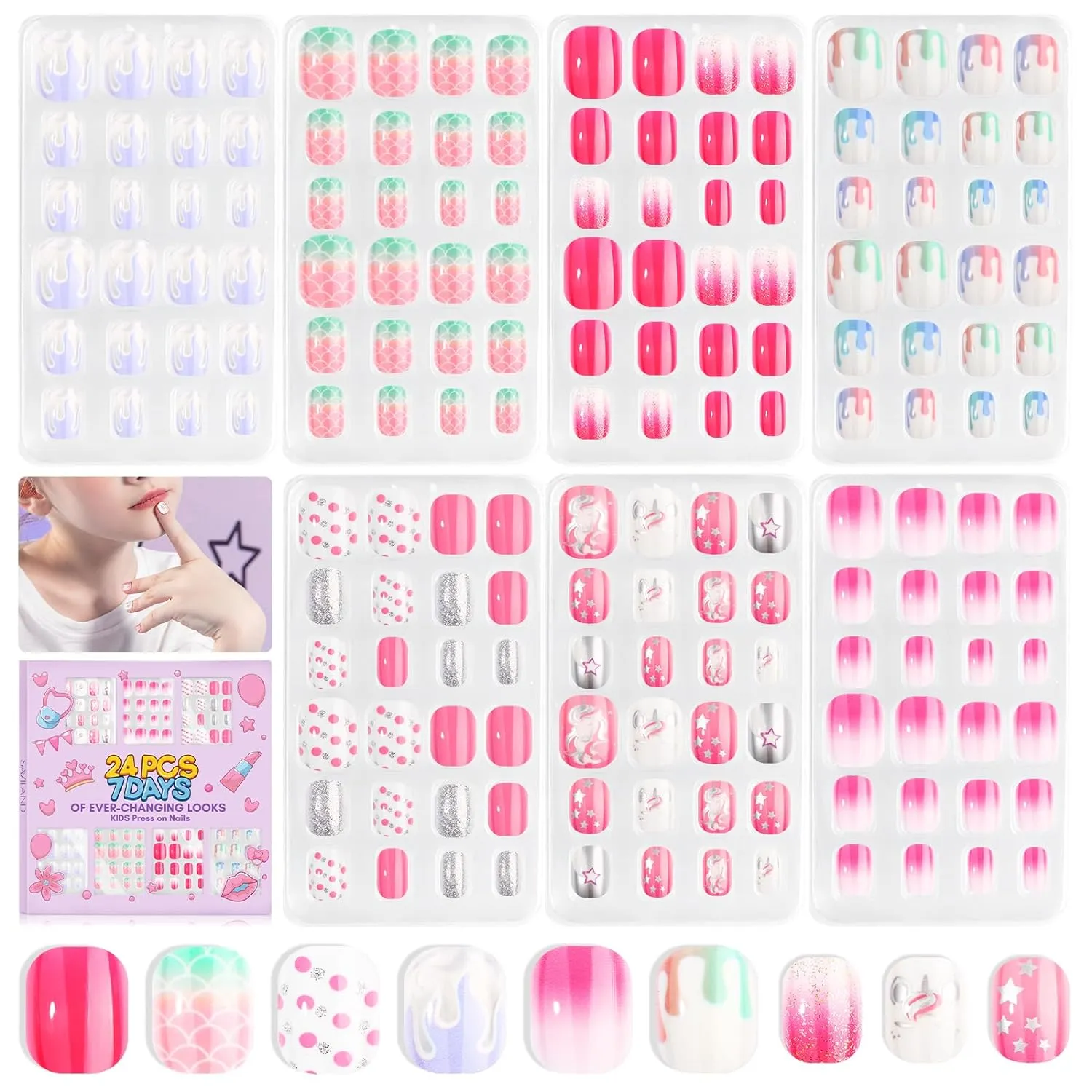 168Pcs 7 Pack Press on Nails for Kids