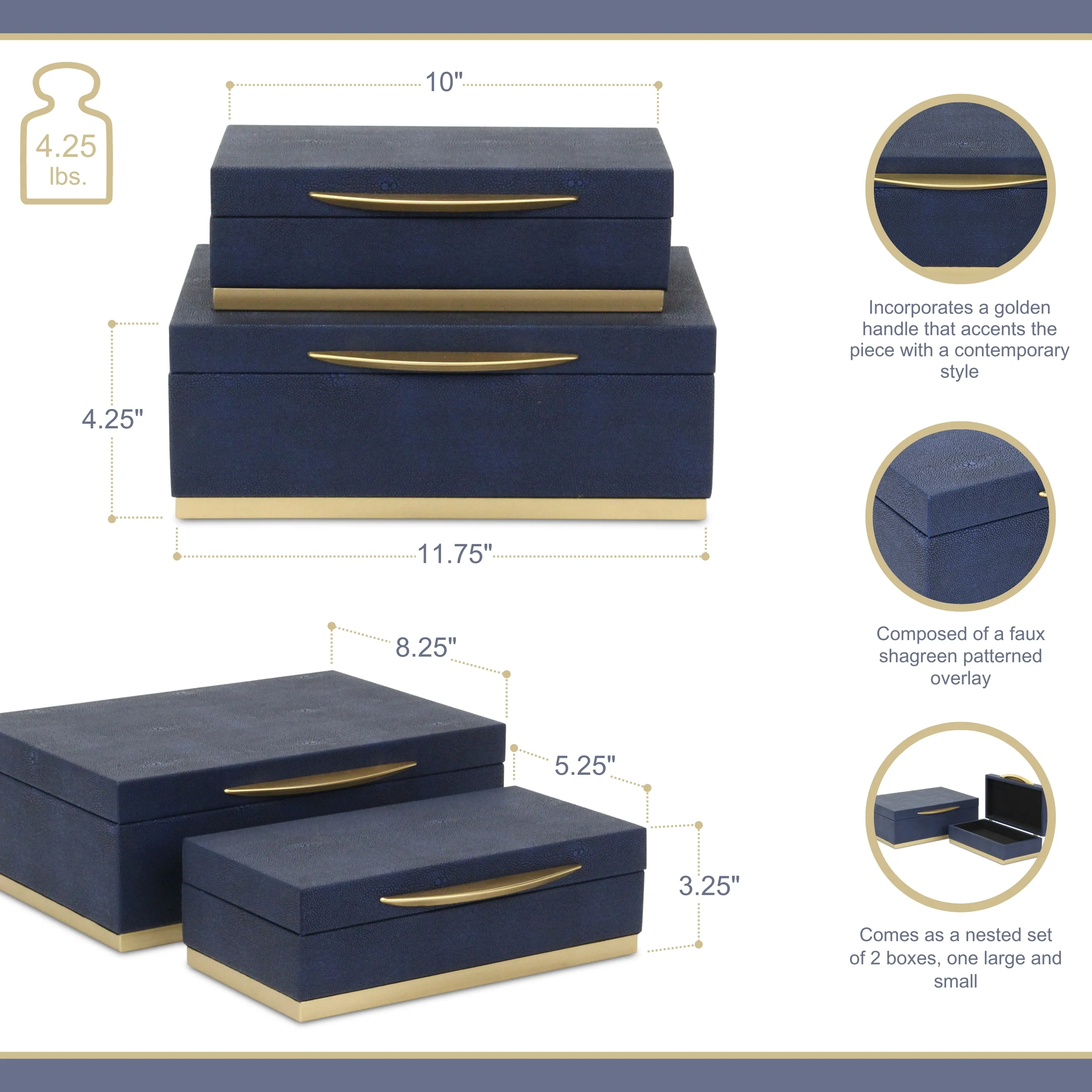 6054-2NB - Zynova Rectangle Shagreen Boxes - Blue