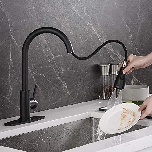 AMAZING FORCE Touchless Kitchen Faucet Single Handle with 4 Modes Pull Down Sprayer, Automatic Motion Sensor Kitchen Sink Faucet with Fingerprints Resistant, Matte Black