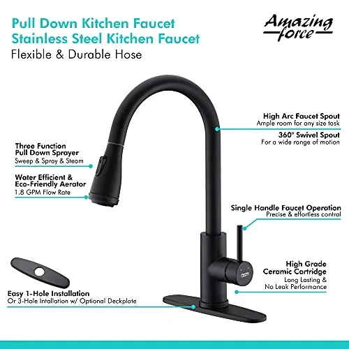 AMAZING FORCE Touchless Kitchen Faucet Single Handle with 4 Modes Pull Down Sprayer, Automatic Motion Sensor Kitchen Sink Faucet with Fingerprints Resistant, Matte Black