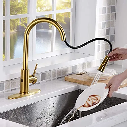 AMAZING FORCE Touchless Kitchen Faucet with 2 Modes Pull Down Sprayer, Single Handle Automatic Motion Sensor Kitchen Sink Faucet with Fingerprints Resistant, Gold