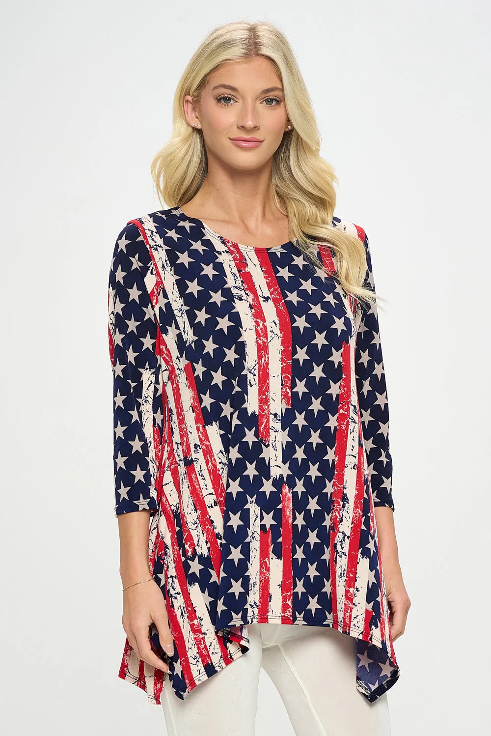 Americana Print Handkerchief Hem Top-3088HT-QRP1-W297