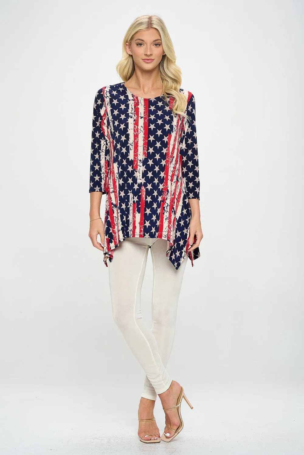 Americana Print Handkerchief Hem Top-3088HT-QRP1-W297