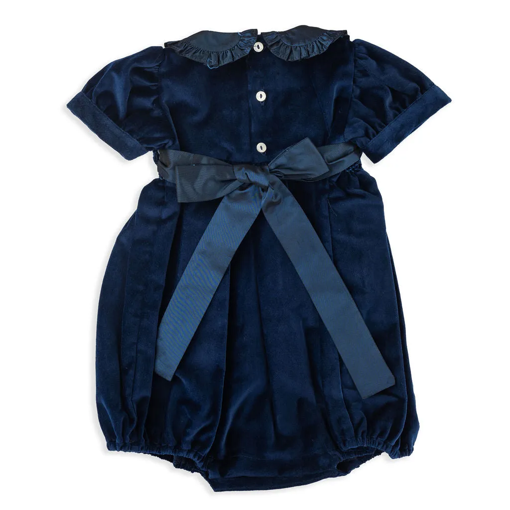 Baby Emily Navy Smocked Velvet Romper with Taffeta Collar