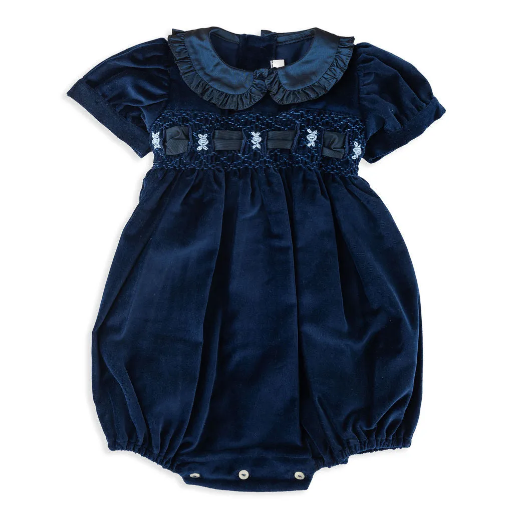 Baby Emily Navy Smocked Velvet Romper with Taffeta Collar