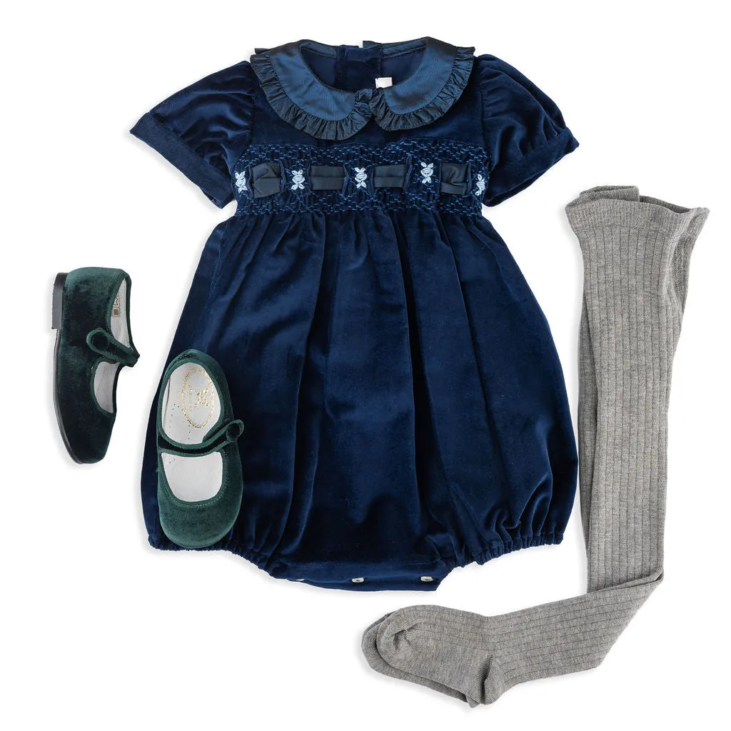 Baby Emily Navy Smocked Velvet Romper with Taffeta Collar