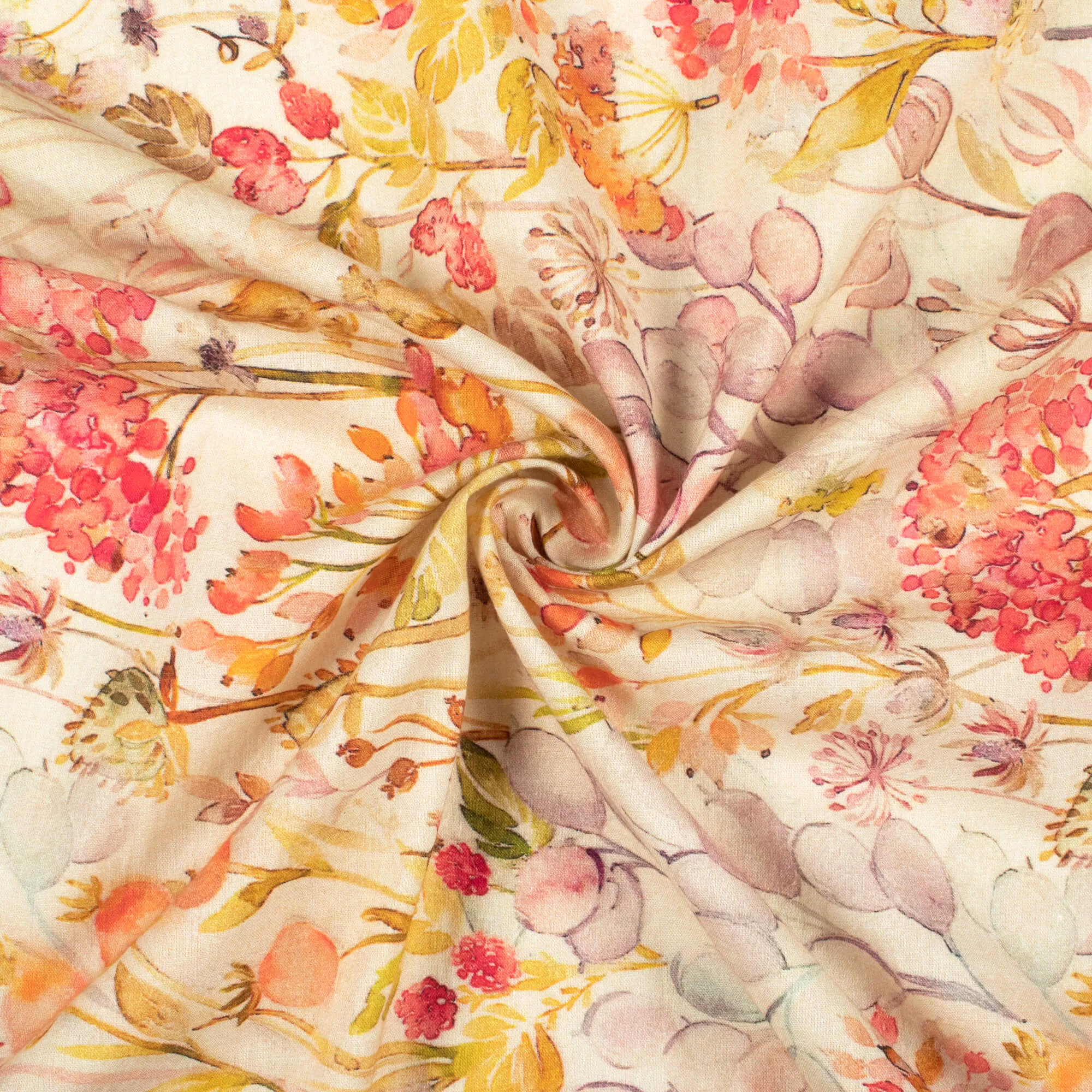 Banana Yellow And Orange Floral Digital Print Cotton Cambric Fabric