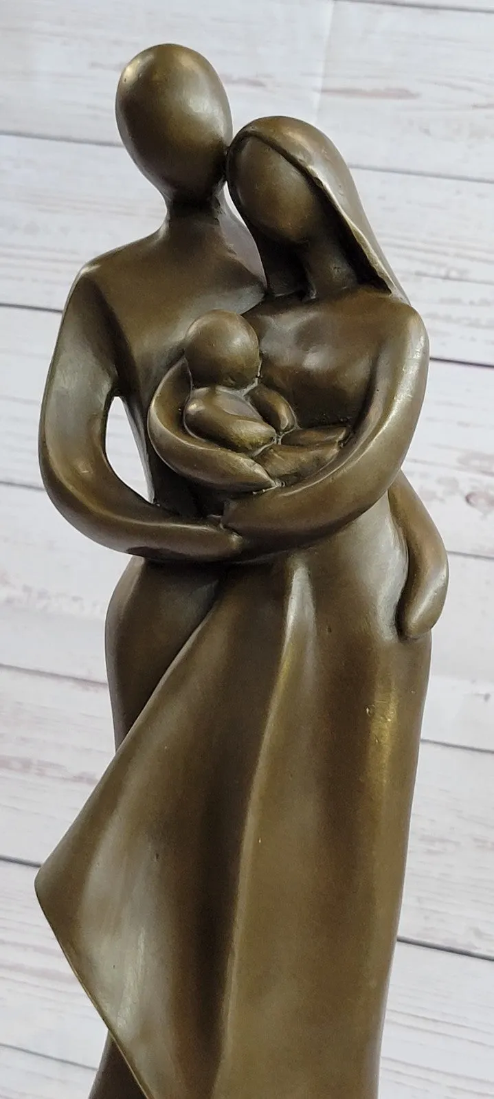 Bronze Sculpture Modern Art Signed Original Male And Female Holding Baby Figurin