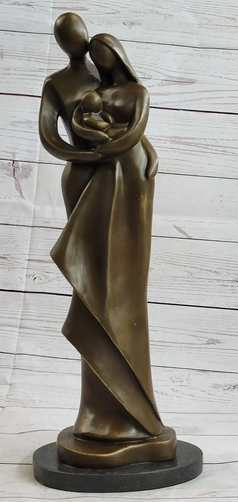 Bronze Sculpture Modern Art Signed Original Male And Female Holding Baby Figurin