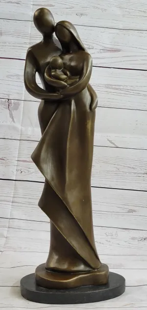 Bronze Sculpture Modern Art Signed Original Male And Female Holding Baby Figurin