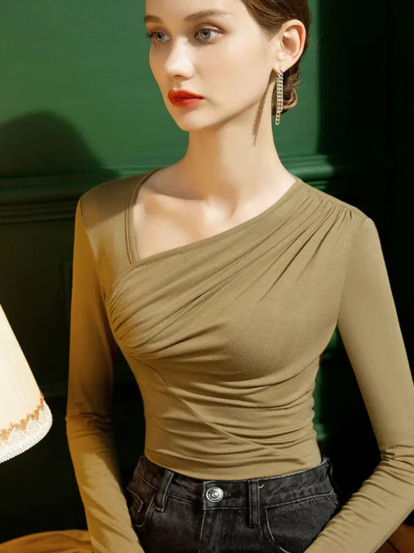 Casual Skinny Long Sleeves Pleated Solid Color T-Shirts Tops