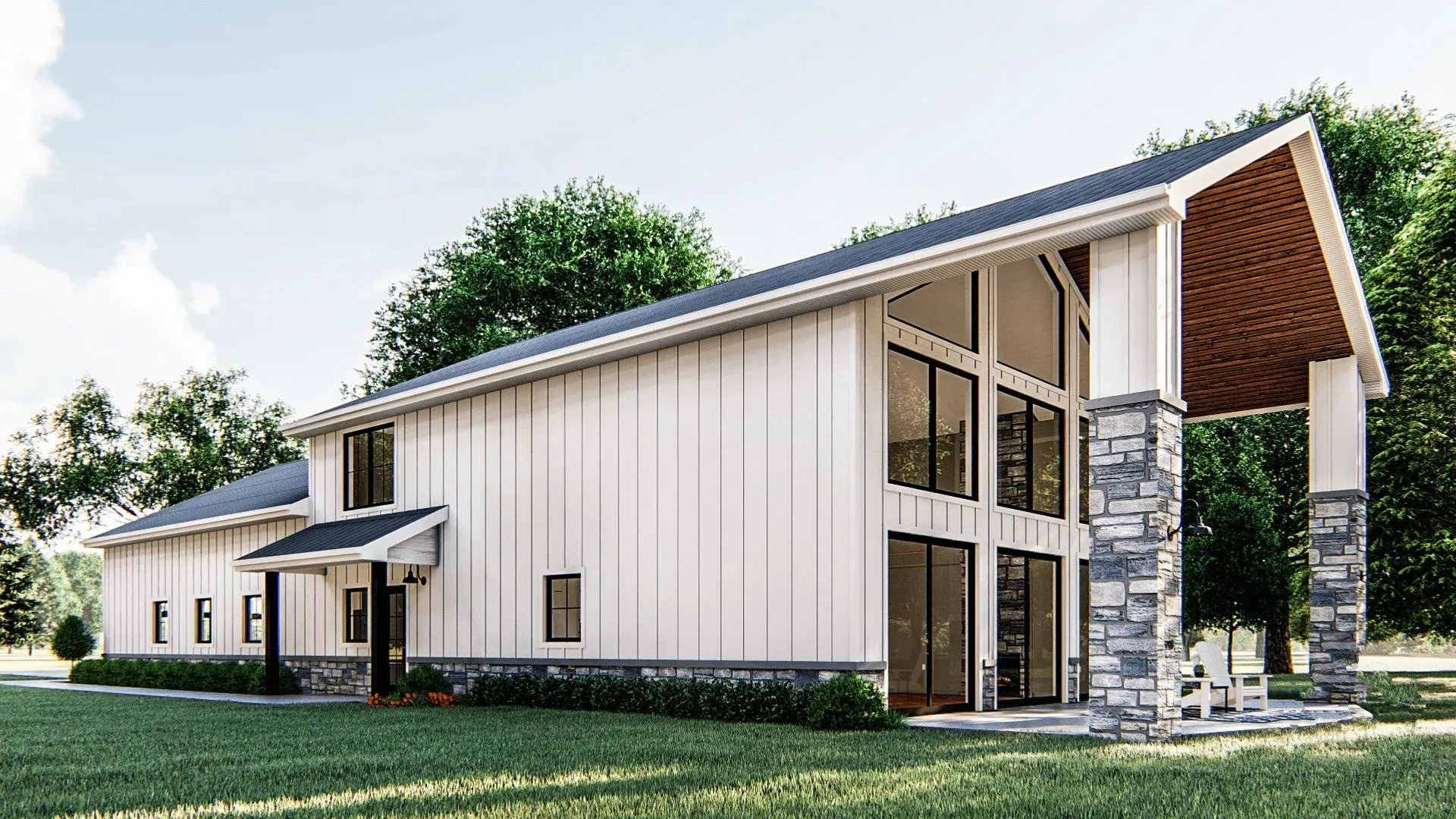 Charming 3-bedroom Barndominium Style House Plan with modern amenities.