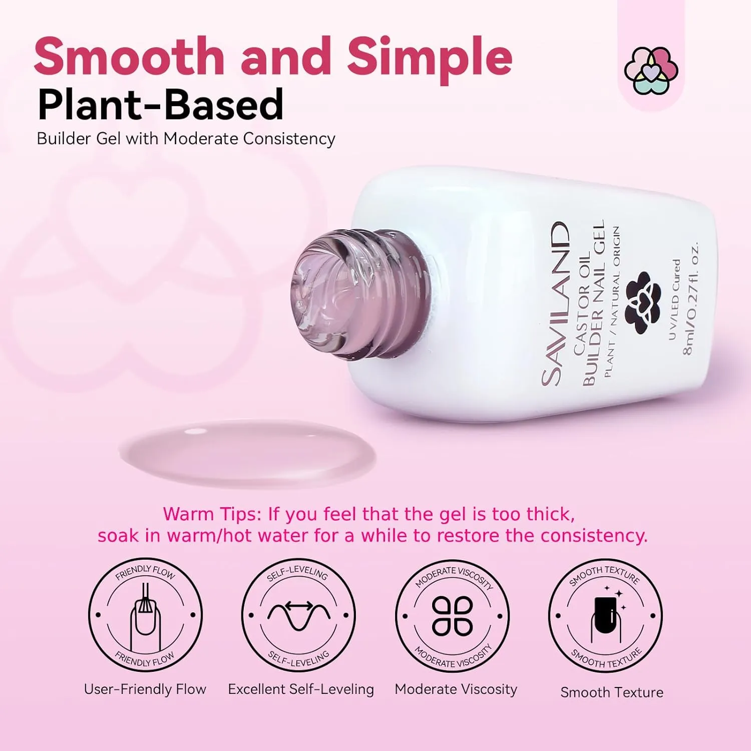 Clear Pink Gel Builder: Castor Oil Vitamin E Extension Gel Strengthener Gel Builder in a Bottle