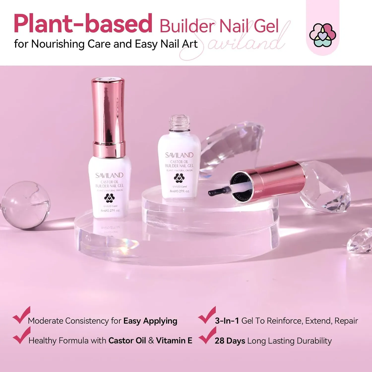 Clear Pink Gel Builder: Castor Oil Vitamin E Extension Gel Strengthener Gel Builder in a Bottle