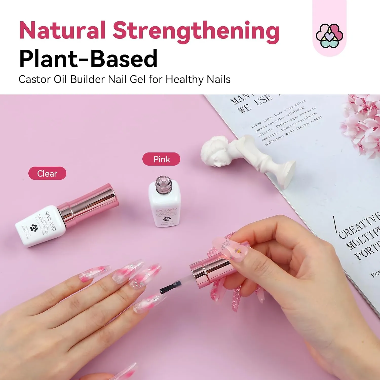 Clear Pink Gel Builder: Castor Oil Vitamin E Extension Gel Strengthener Gel Builder in a Bottle