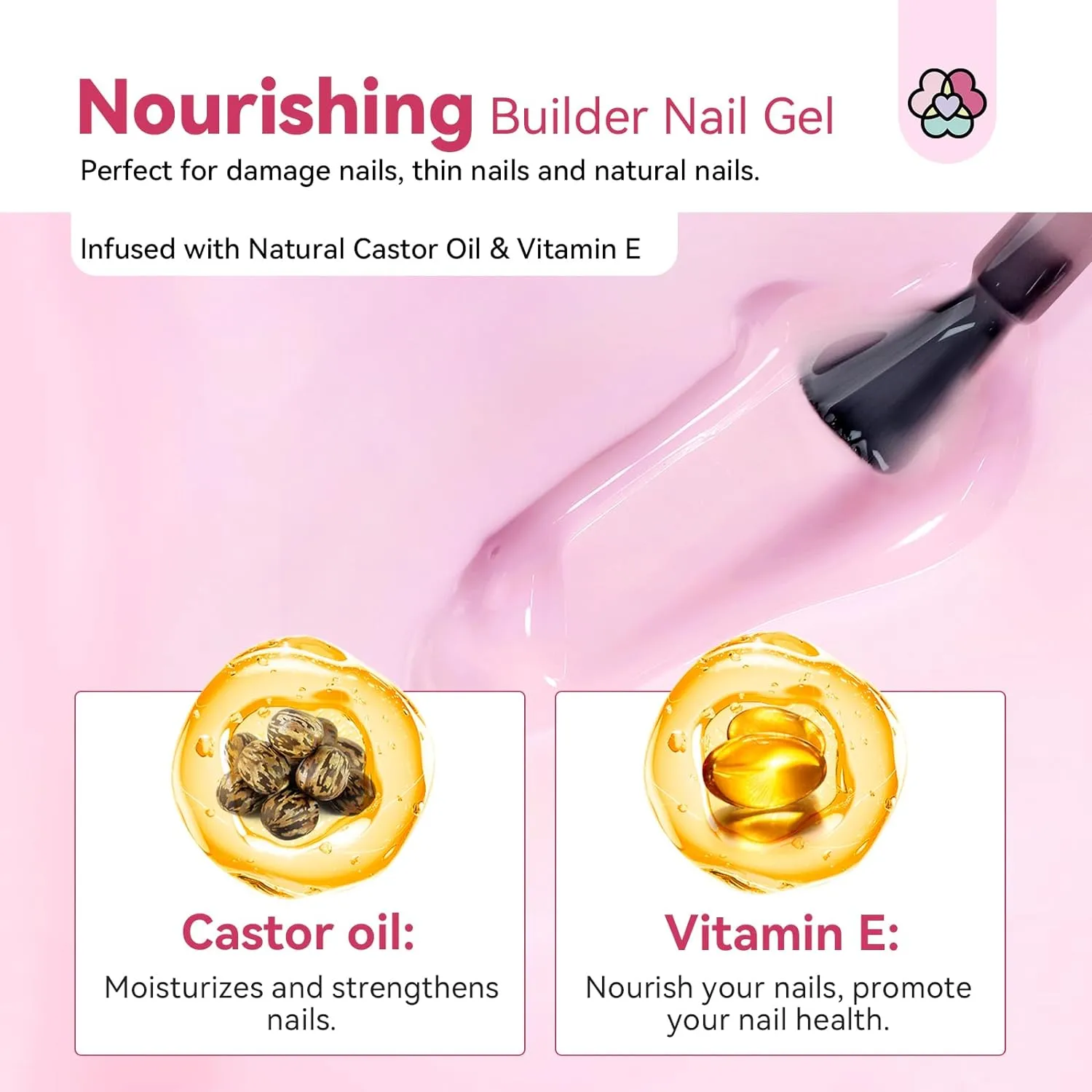 Clear Pink Gel Builder: Castor Oil Vitamin E Extension Gel Strengthener Gel Builder in a Bottle