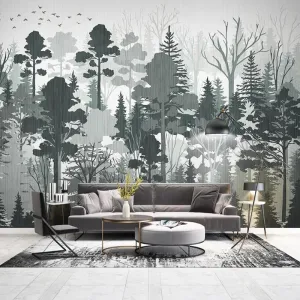 Custom Mural Wallpaper Black and White Forest Landscape (㎡)