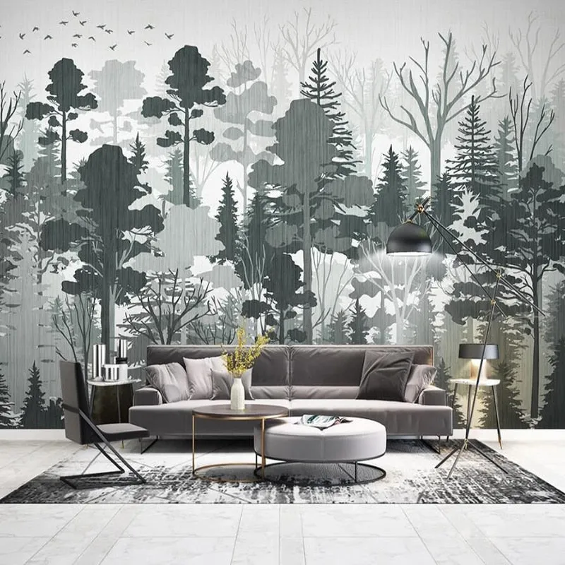 Custom Mural Wallpaper Black and White Forest Landscape (㎡)