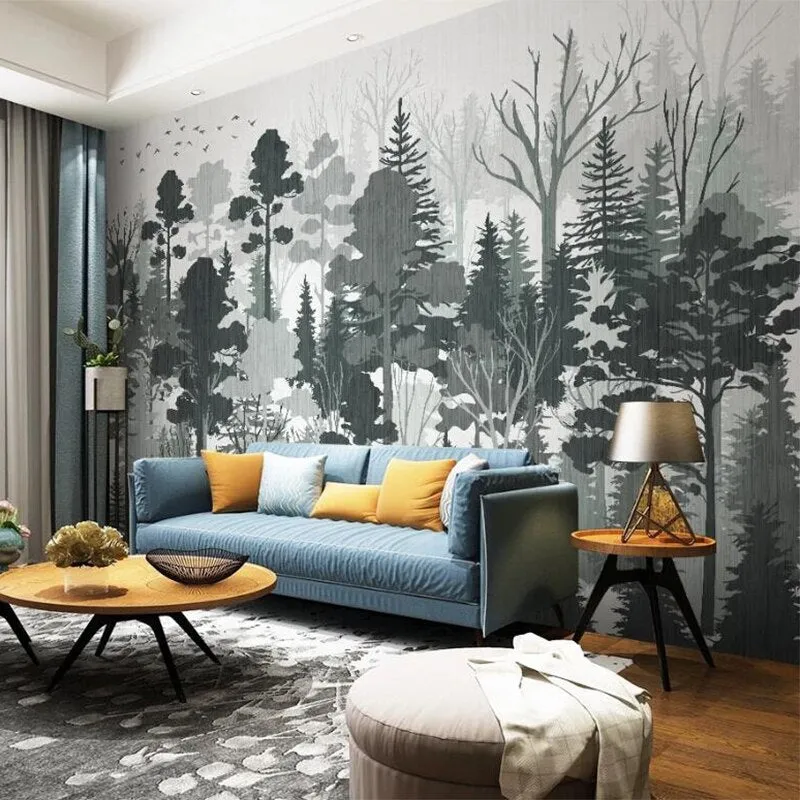 Custom Mural Wallpaper Black and White Forest Landscape (㎡)