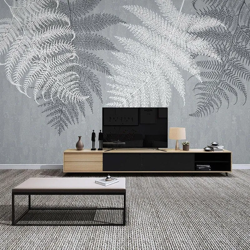 Custom Mural Wallpaper Grey Abstract Leaves (㎡)