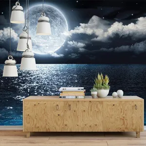 Custom Mural Wallpaper Moon Sea Night View (㎡)