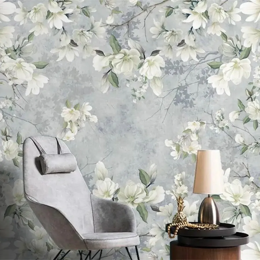 Custom Wallpaper Fresh White Blossoms Floral Mural (㎡)