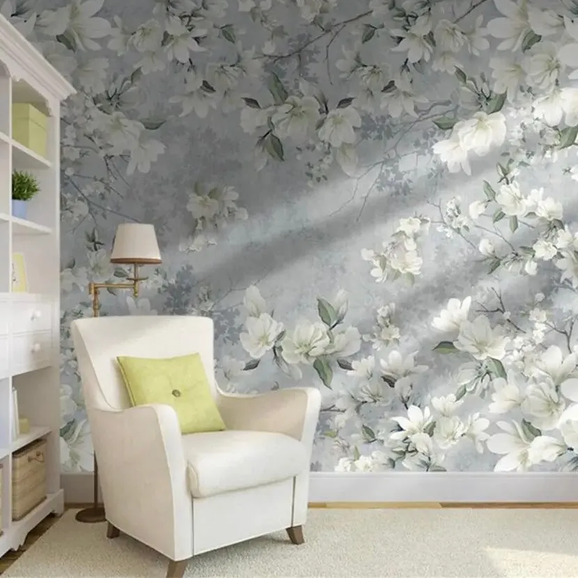 Custom Wallpaper Fresh White Blossoms Floral Mural (㎡)