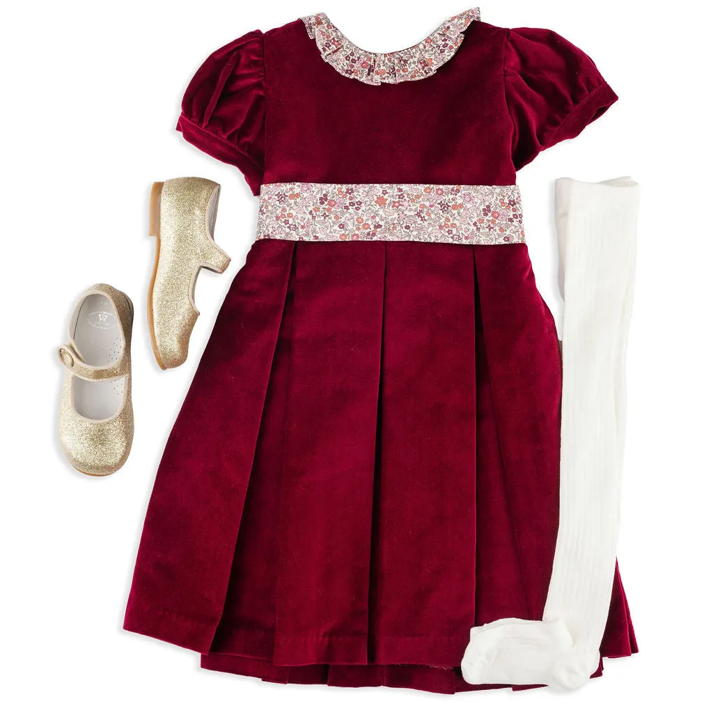 Ellee Red Velvet Party Dress with Floral Details