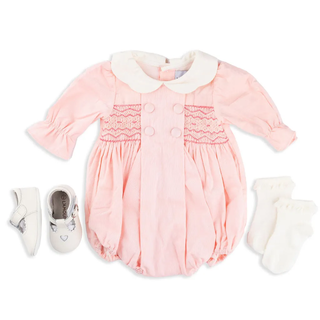 Eloise Hand Smocked Pink Corduroy Romper