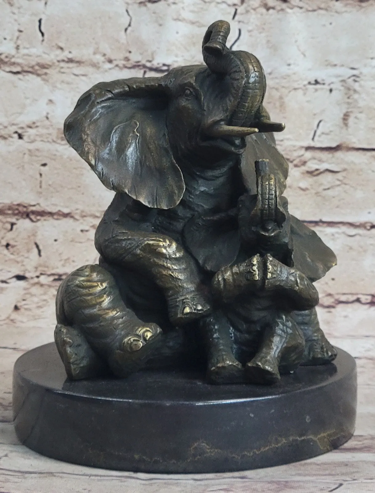 Handcrafted bronze sculpture SALE Decor Cub With Elephant Mother Laughing Gift