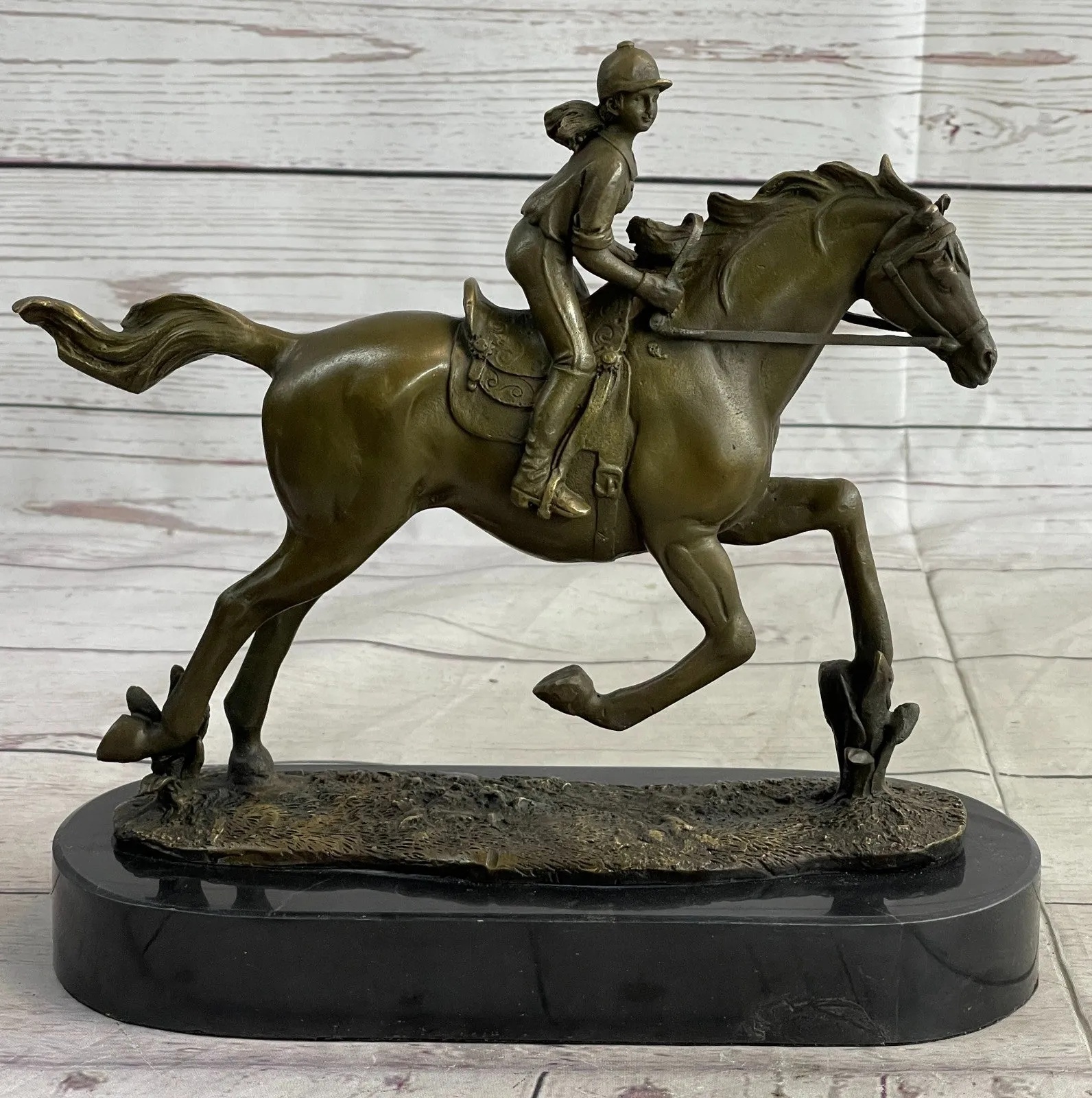 Handcrafted bronze sculpture SALE Horse Racing Jockey Girl Art Western Deco Art