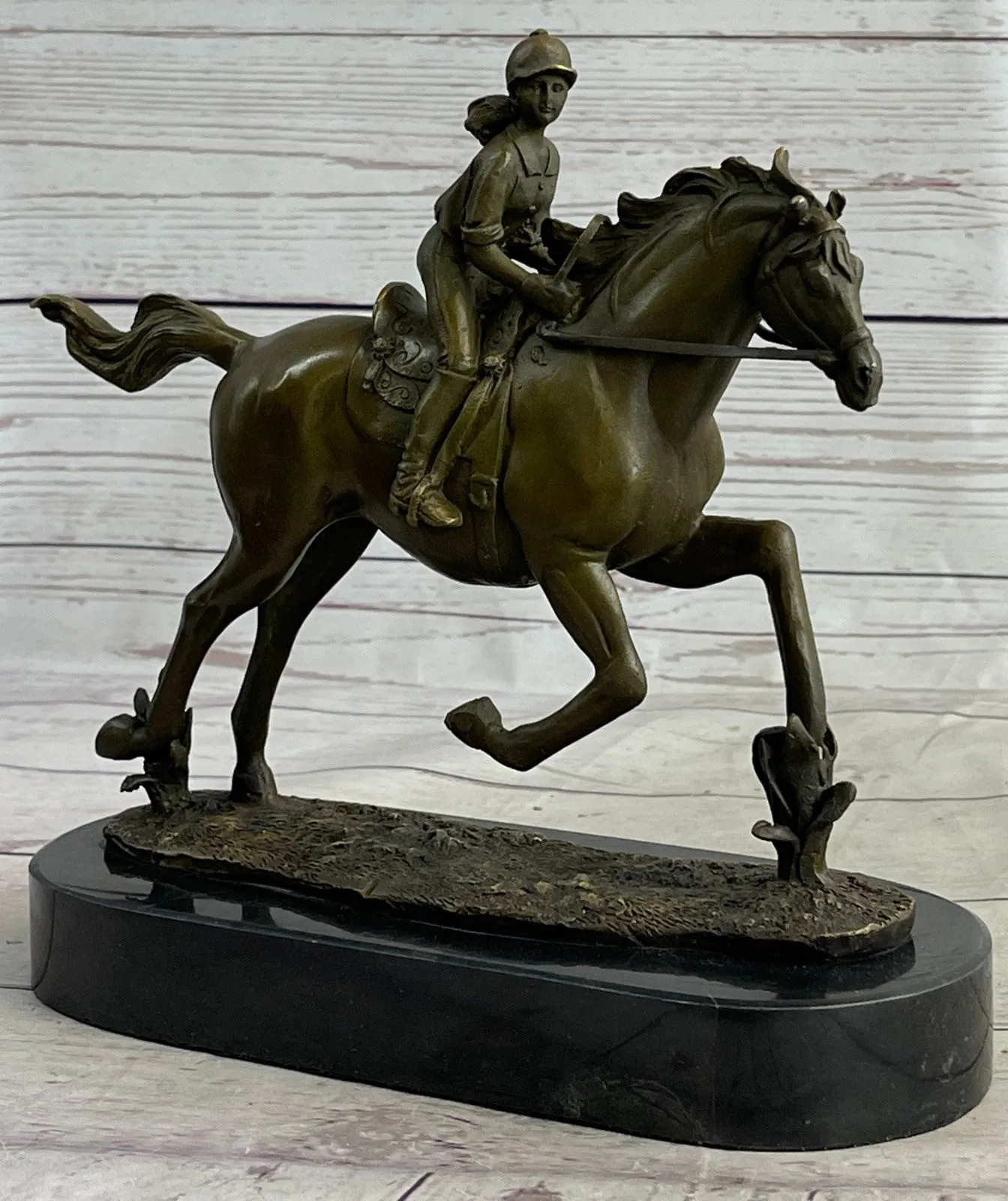 Handcrafted bronze sculpture SALE Horse Racing Jockey Girl Art Western Deco Art