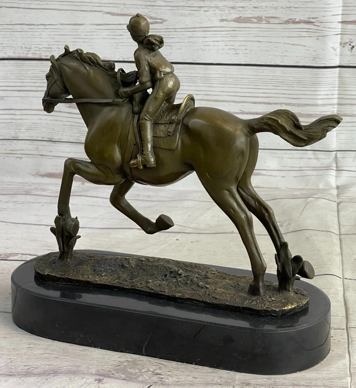 Handcrafted bronze sculpture SALE Horse Racing Jockey Girl Art Western Deco Art