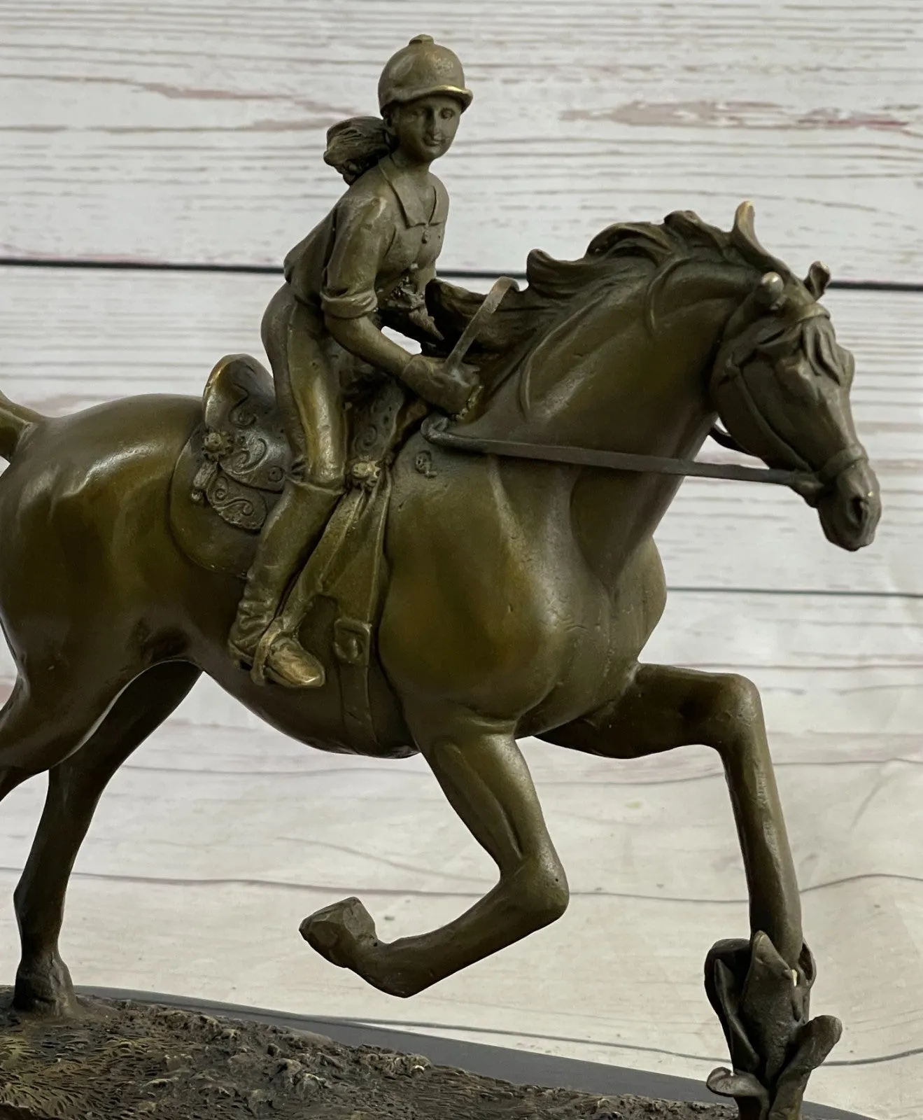 Handcrafted bronze sculpture SALE Horse Racing Jockey Girl Art Western Deco Art