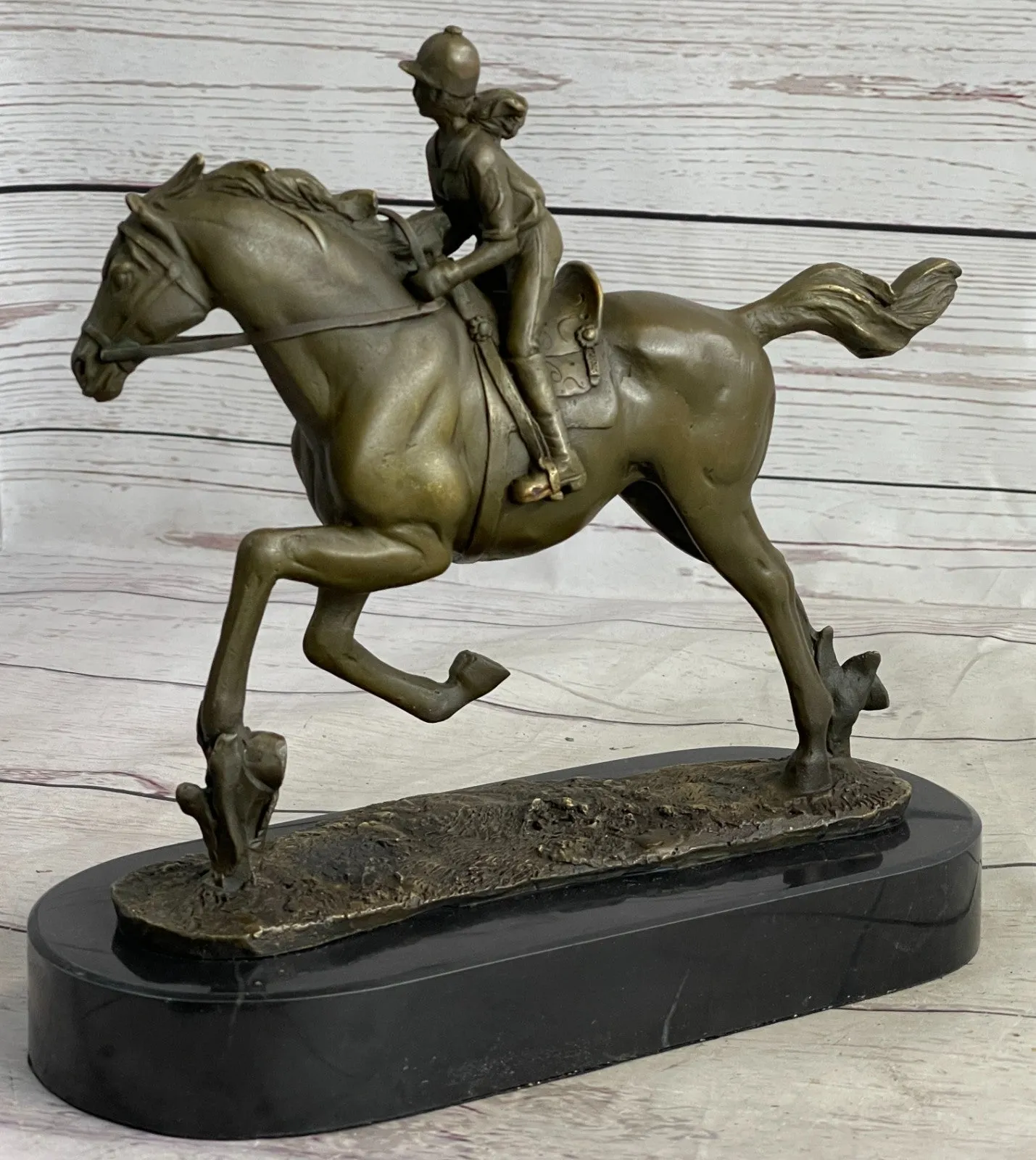 Handcrafted bronze sculpture SALE Horse Racing Jockey Girl Art Western Deco Art