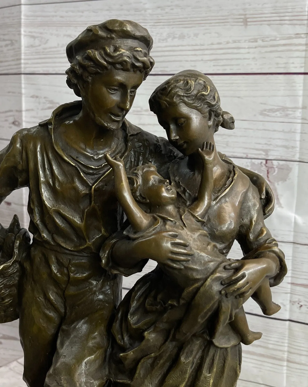 Handcrafted Vintage Man and woman Holding a Baby Real Bronze Sculpture statue