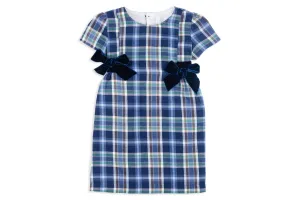 Meg Velvet Bow Blue Plaid Dress