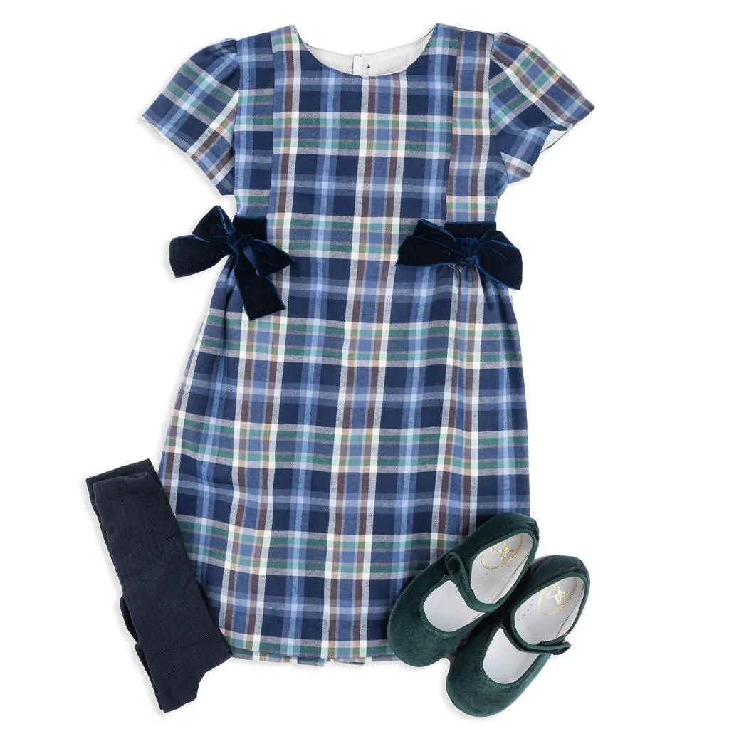 Meg Velvet Bow Blue Plaid Dress