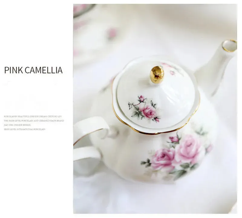 Noble Bone China Teapot 500ML Pink Camellia Coffee Pot Set Home High Grade Porcelain Kettle Jug Party Cafe Teaware Tea Pot