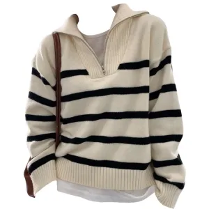 Old Money Zip Up Striped Sweater