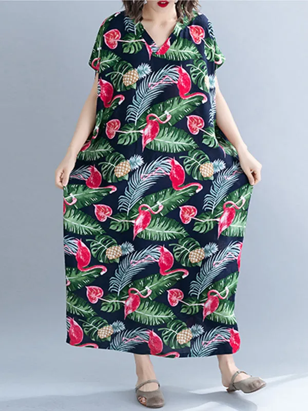 Palm Leaves & Flamingo Plus Size Kaftan Dress