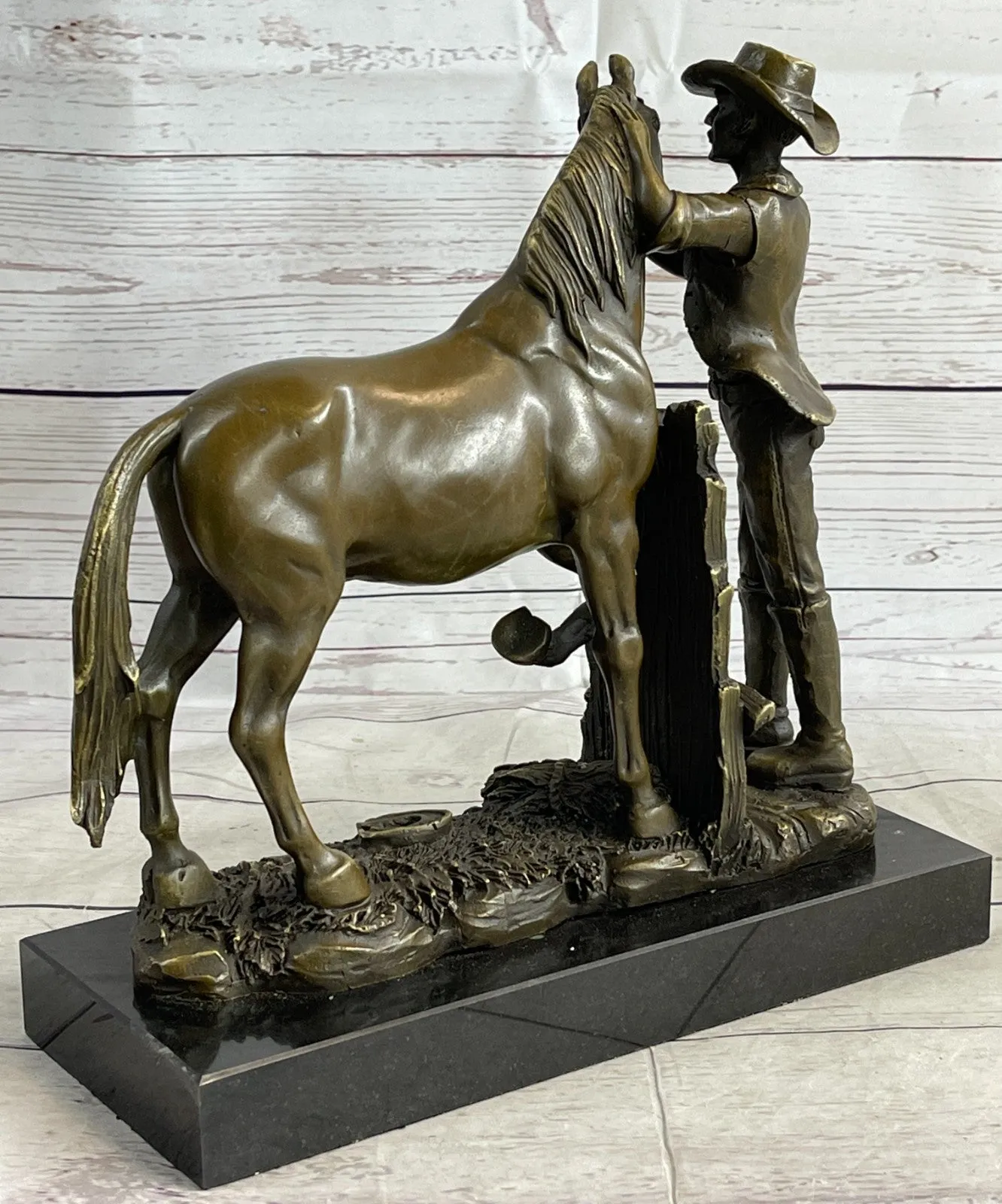 Real Bronze Cowboy Stallion Horse Sculpture Signed Western Artwork Figurine