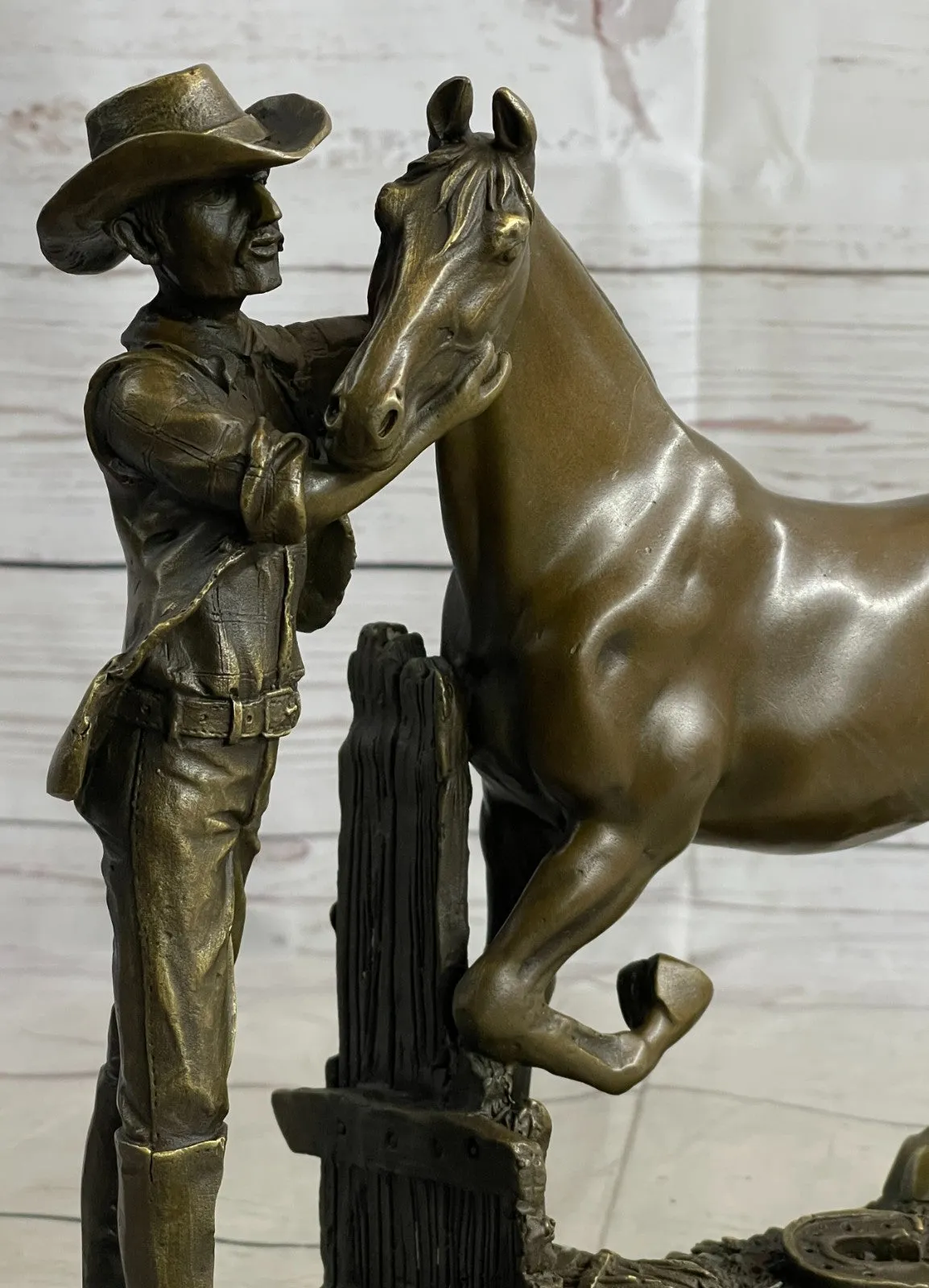 Real Bronze Cowboy Stallion Horse Sculpture Signed Western Artwork Figurine