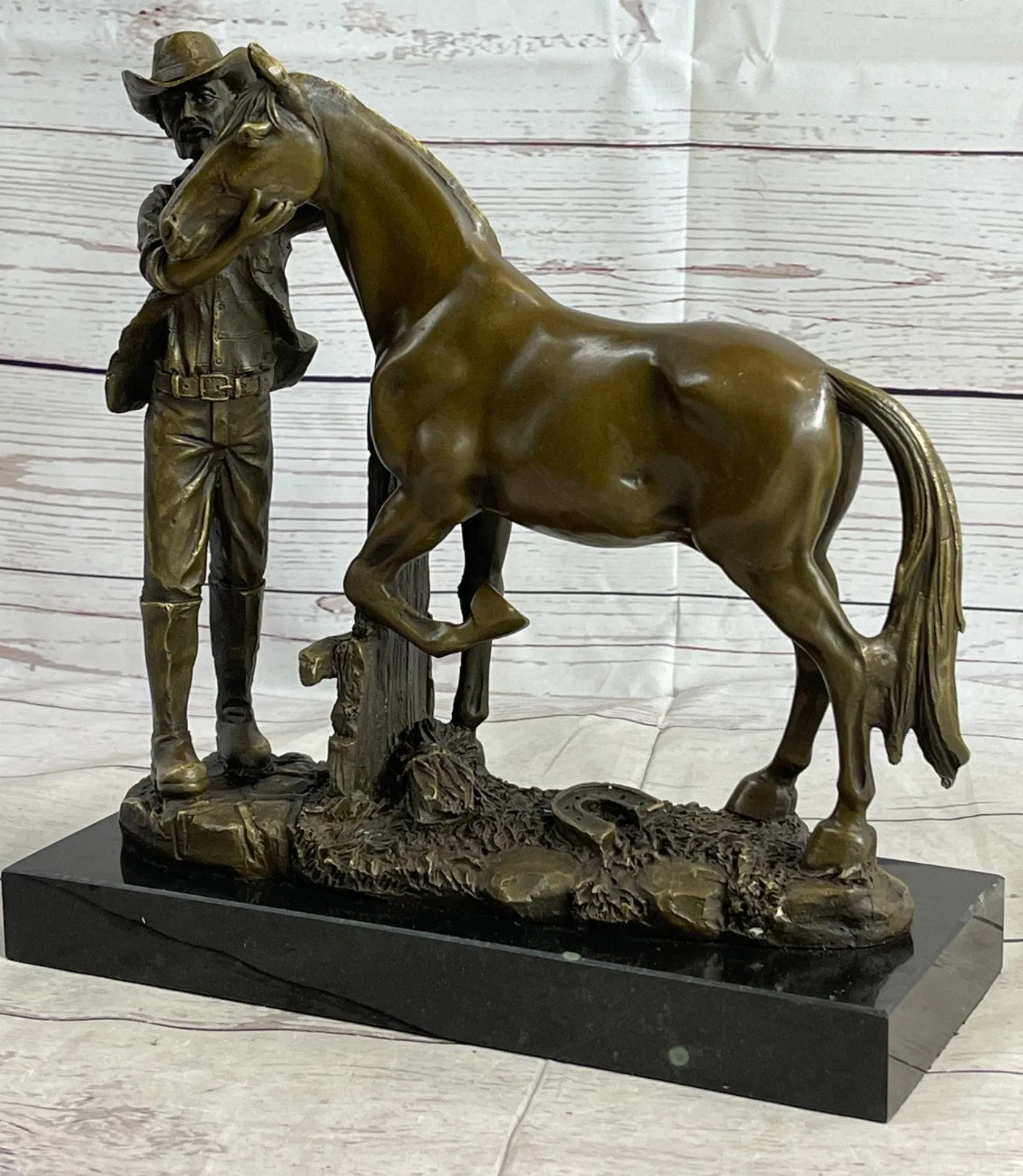 Real Bronze Cowboy Stallion Horse Sculpture Signed Western Artwork Figurine