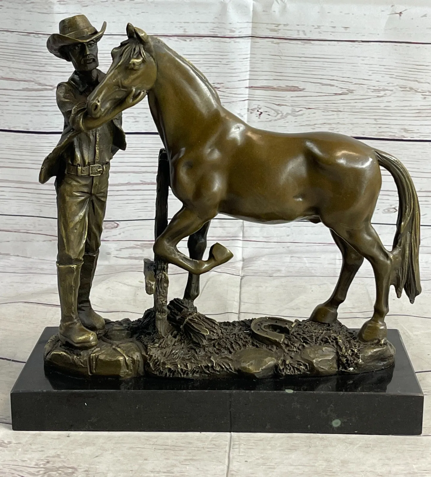 Real Bronze Cowboy Stallion Horse Sculpture Signed Western Artwork Figurine