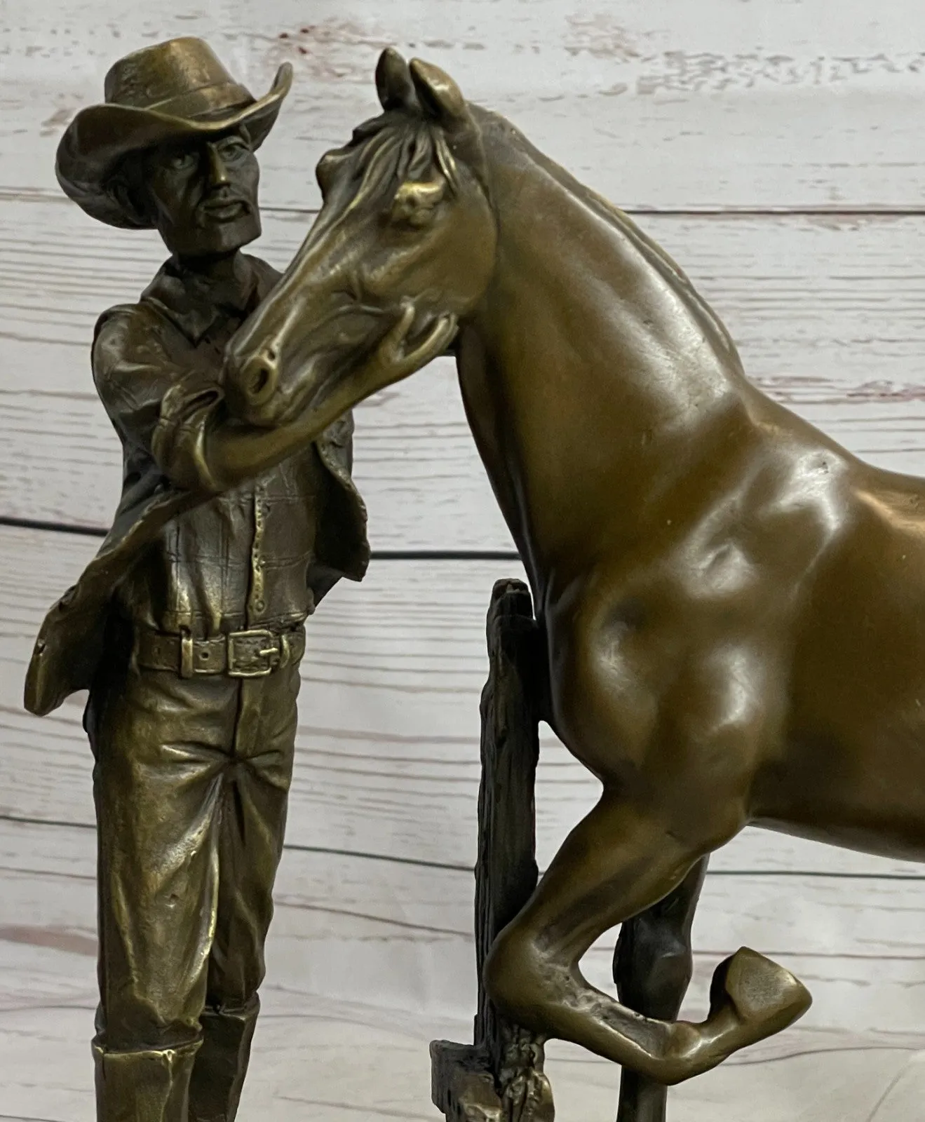 Real Bronze Cowboy Stallion Horse Sculpture Signed Western Artwork Figurine