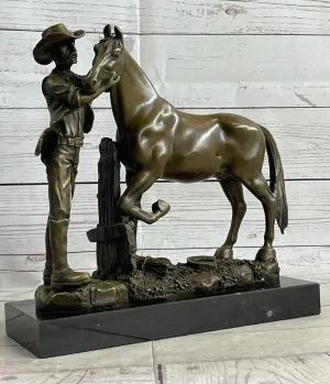 Real Bronze Cowboy Stallion Horse Sculpture Signed Western Artwork Figurine