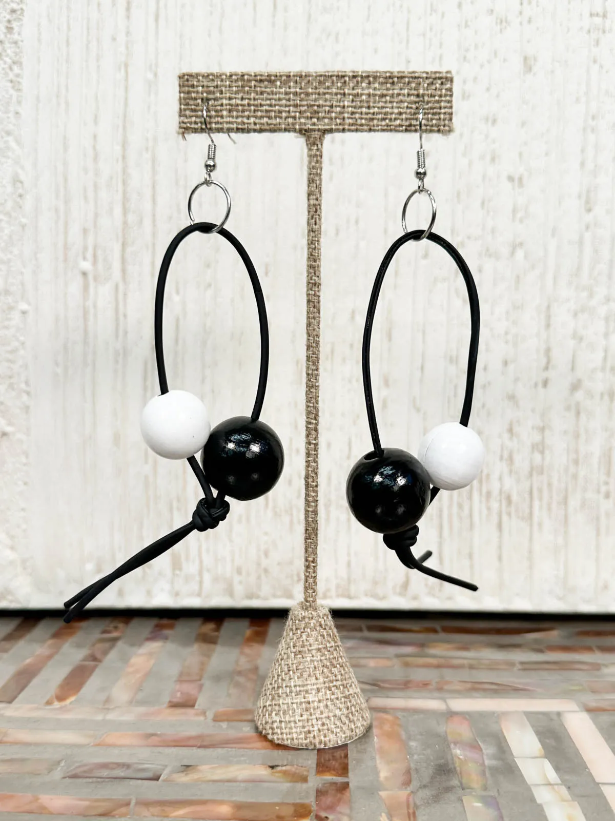 Round Bead Leatherette Drop Earrings, Black/White