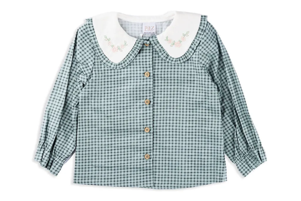 Sage Green Check Girls Blouse with Floral Embroidered Collar